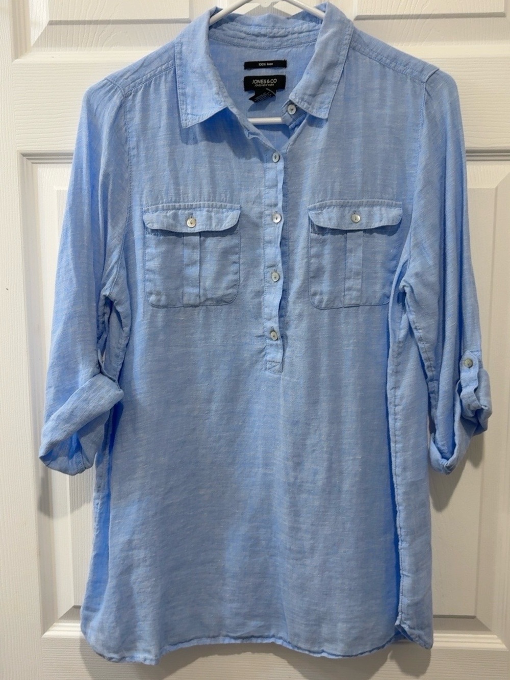 Jones & Co Jones New York 100% Linen Tunic Blouse Blue M Roll Tab Pockets